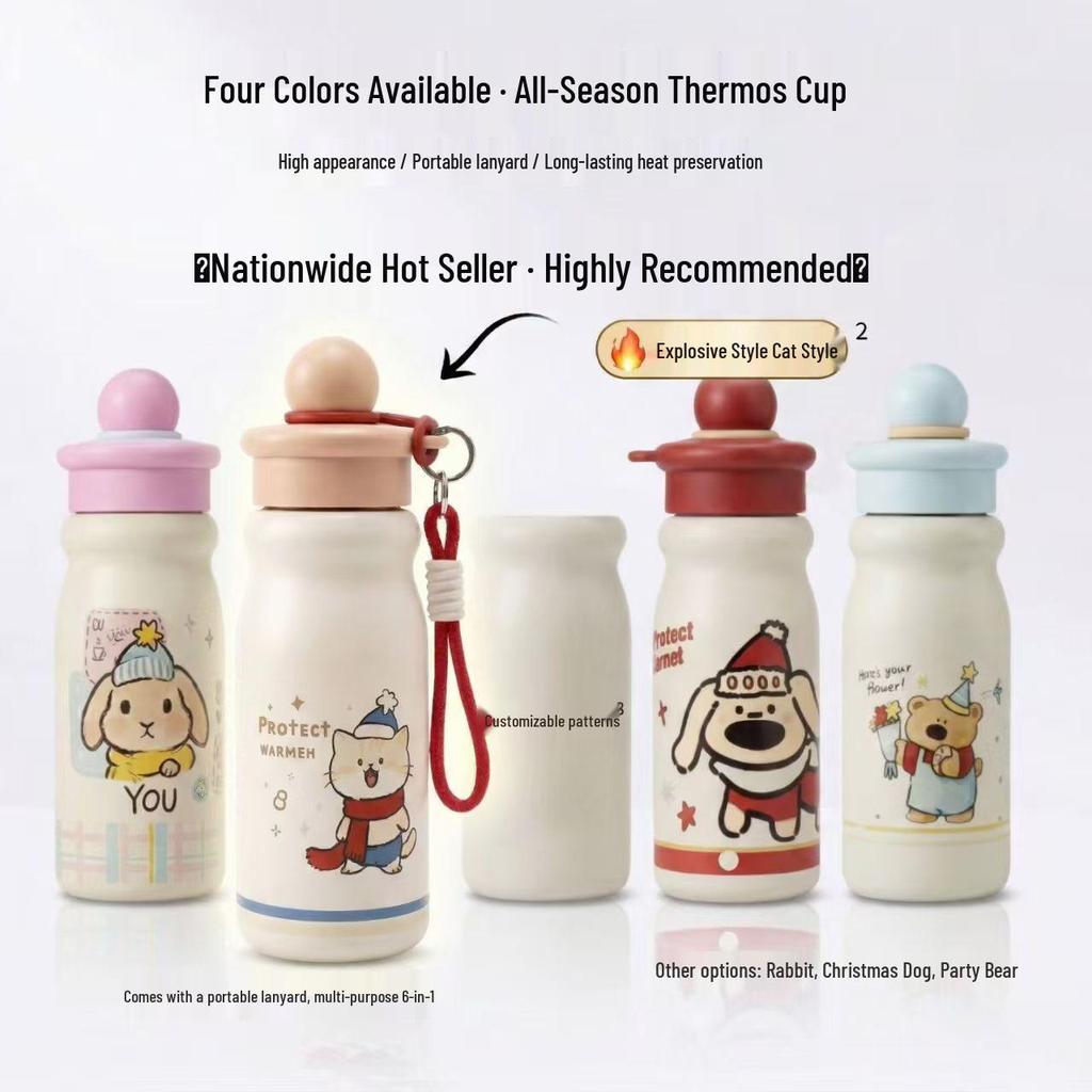 Children's Cartoon Thermos Cup - 304 Stainless Steel, Double-Wall, Portable with Handle, Cute Design