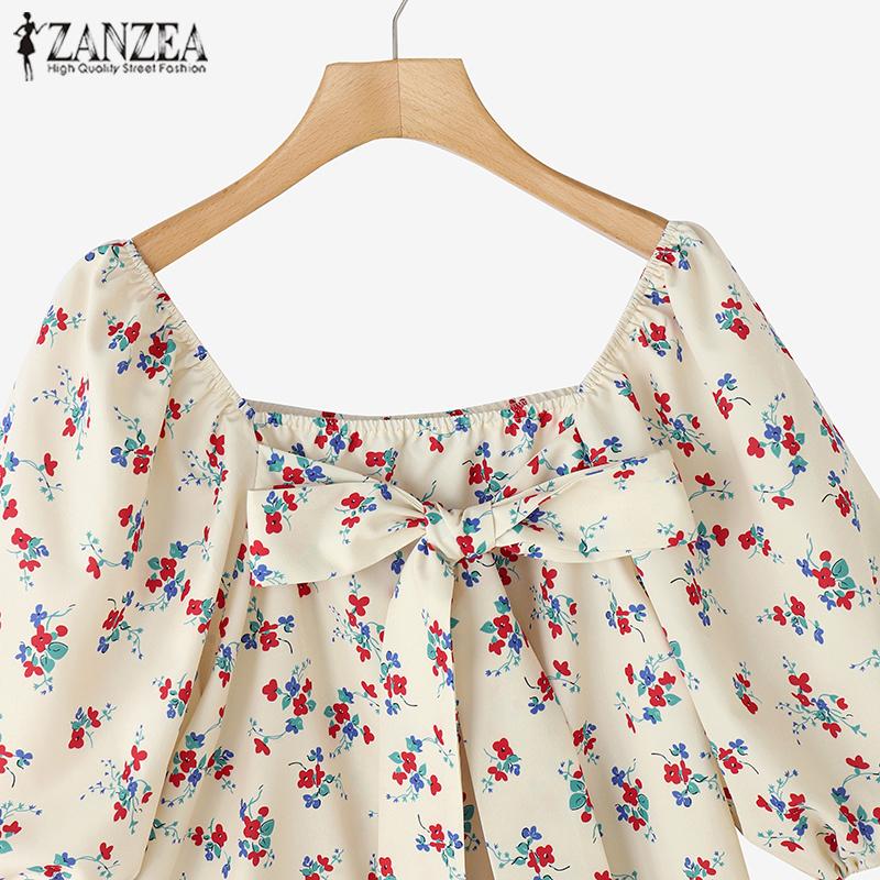 ZANZEA Women Square Neck Bubble Short Sleeve Floral Print Blouses