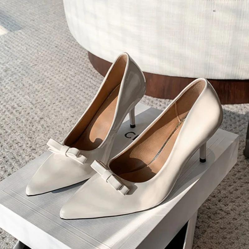 Jaro nový dámský módní lodička se špičatou špičkou, s mělkým výstřihem, s motýlkovou mašlí, nazouvací, voděodolná, protiskluzová, vysoké podpatky