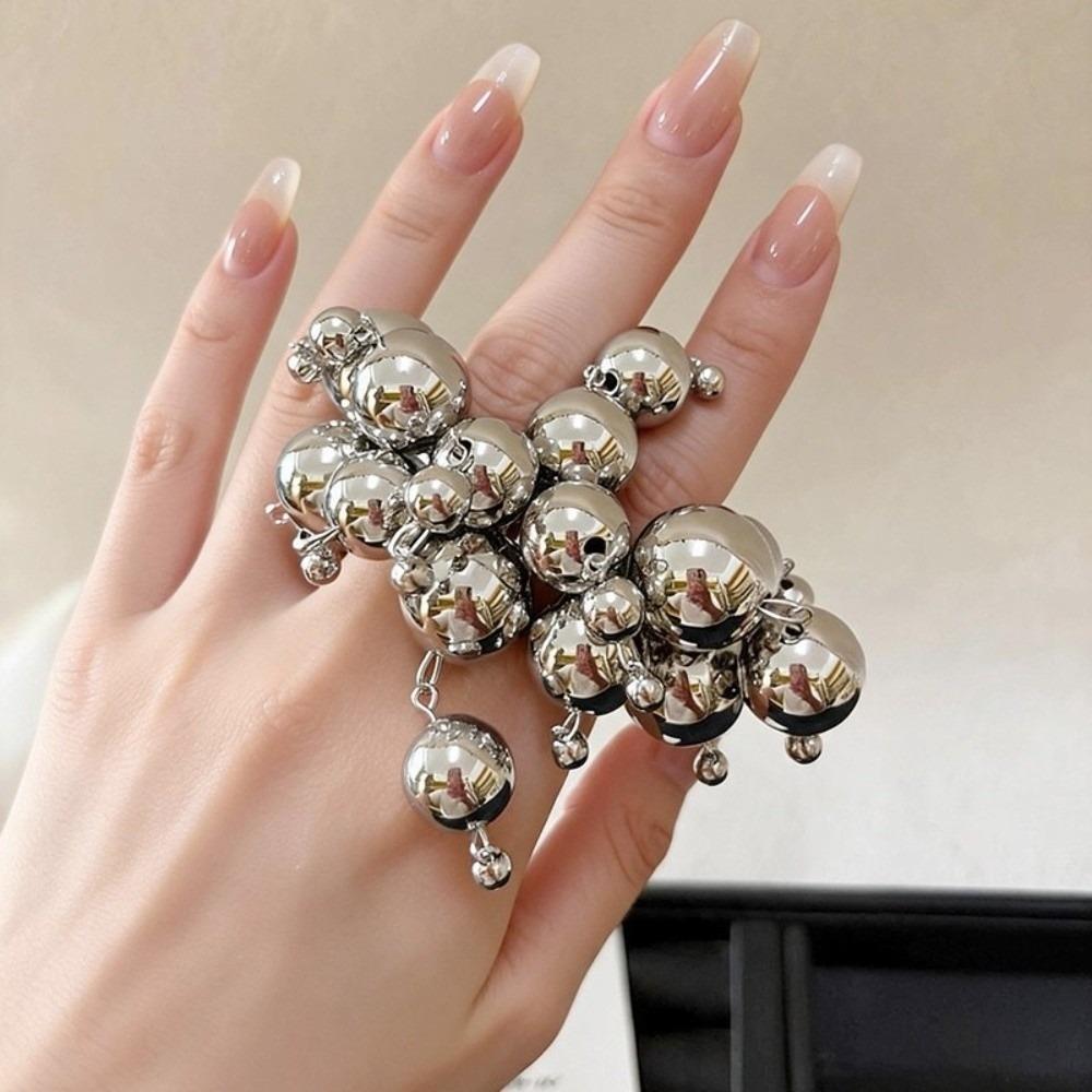 Round Ball Metal Balls Ring Vintage Punk Tassel Ring Fashionable Double Band Ring  for Women