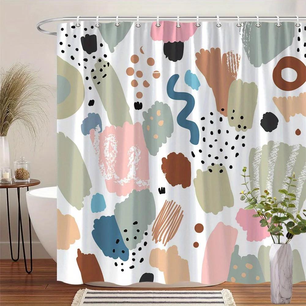 1pc Abstract Art Shower Curtain - Hand-Painted Brushstrokes & Blobs, Pastel Pink/Blue/Brown/Beige, Modern Whimsical Design