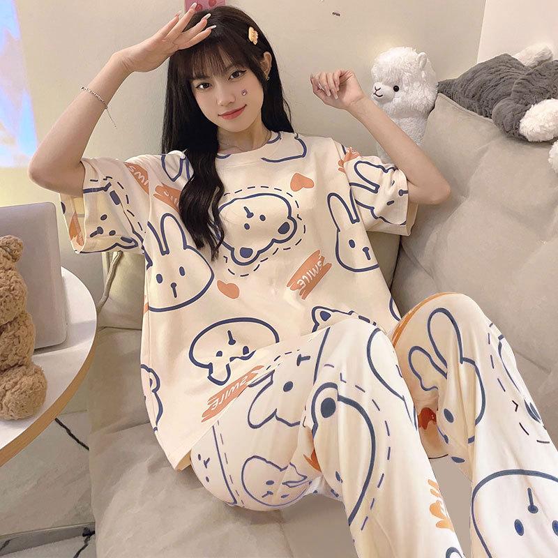 Short-sleeved long pants pajamas women's summer cartoon cute can be worn outside plaid loungewear imitation cotton suit summer thin