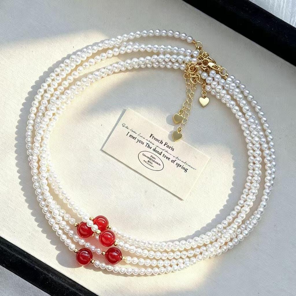 Exquisite High-Gloss Imitation Pearl & Pigeon Blood Red Carnelian Collarbone Necklace