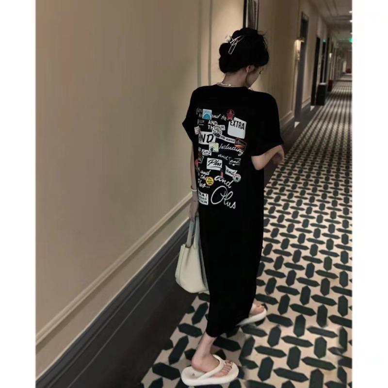 Chic Printed T-shirt Dress Women's Summer Loose Split Mid-length Plus Size Dress