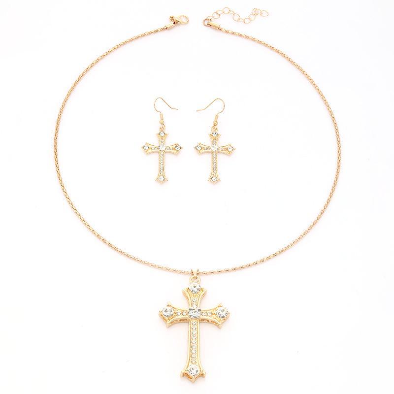 European-American Punk Diamond Cross Necklace & Luxury Earrings Set for Women