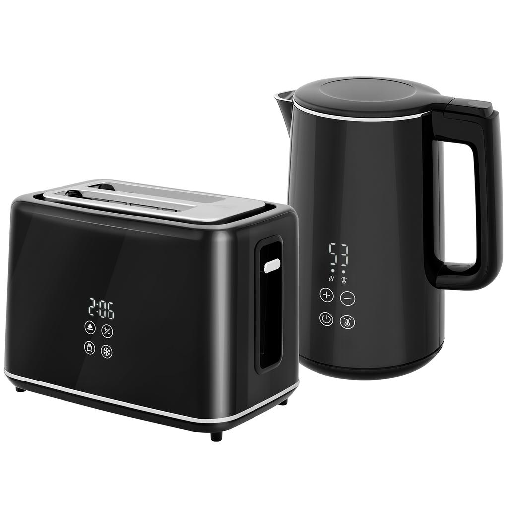 Polished Stainless Steel Kettle and Toaster Set - Black