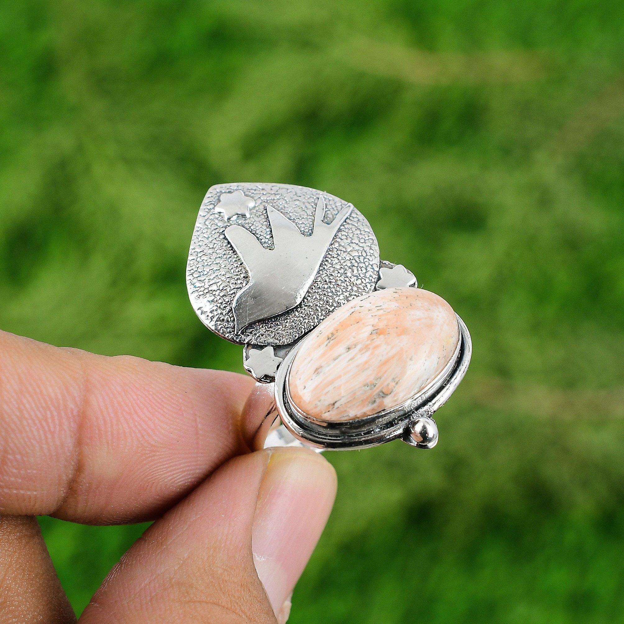 

Natural Scolecite Gemstone Stackable Peach Adjustable Ring 925 Sterling Silver Adjustable