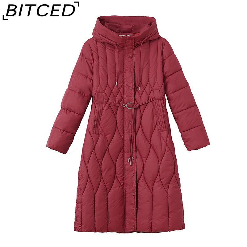BITCED Women's Long-Length Winter Coat with Hood and Drawstring Waistband Fitted and Flattering Silhouette for a Slimming Effect