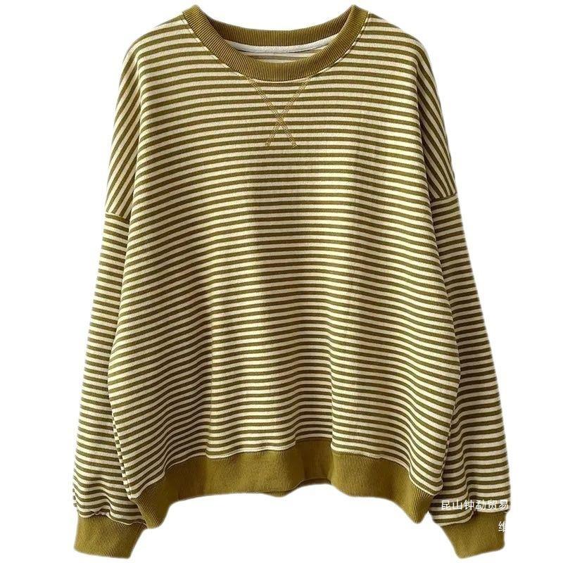 Women's Spring and Fall Loose Round Neck Sweatshirt Plus Size Head Set Striped Age Reduction Jacket