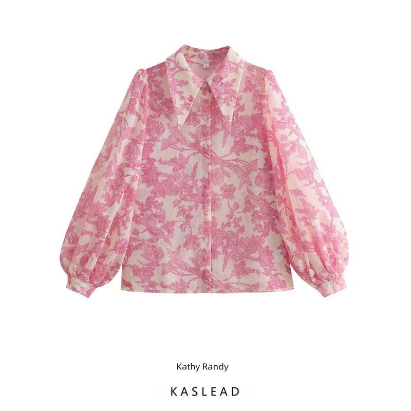 Kaslead Print Fashion Polo Collar Puff Sleeve Shirt