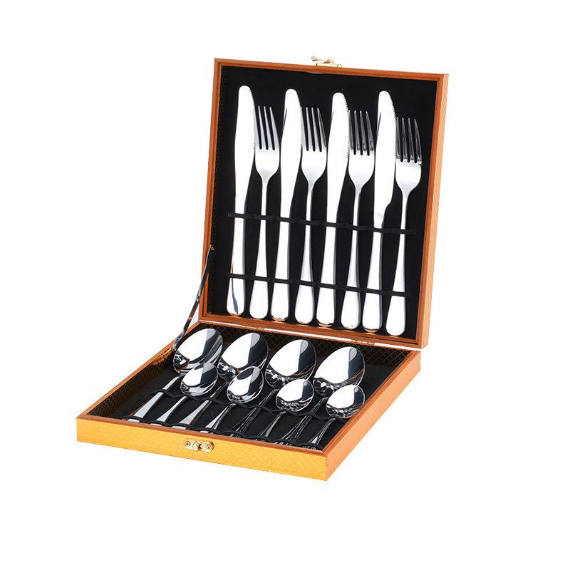 

2025 Gold Cutlery Set: 24-Piece Stainless Steel Knife, Fork, and Spoon Set with Wooden Box for Hotels and Restaurants