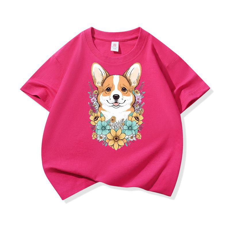 Welsh Corgi Surrounded Colorful Blooms Graphic Tee Kids 100 Cotton Crew Neck T Shirt Cute Puppy Print Short Sleeve Stylish Top