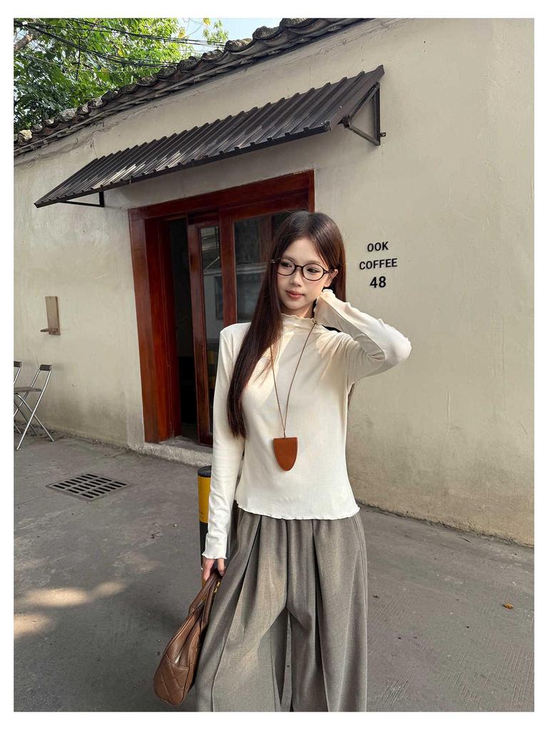 Miu Style Polka Dot Ruffle Long Sleeve Women's T-Shirt - Slim Fit, Half-High Neck, Perfect for Autumn/Winter.