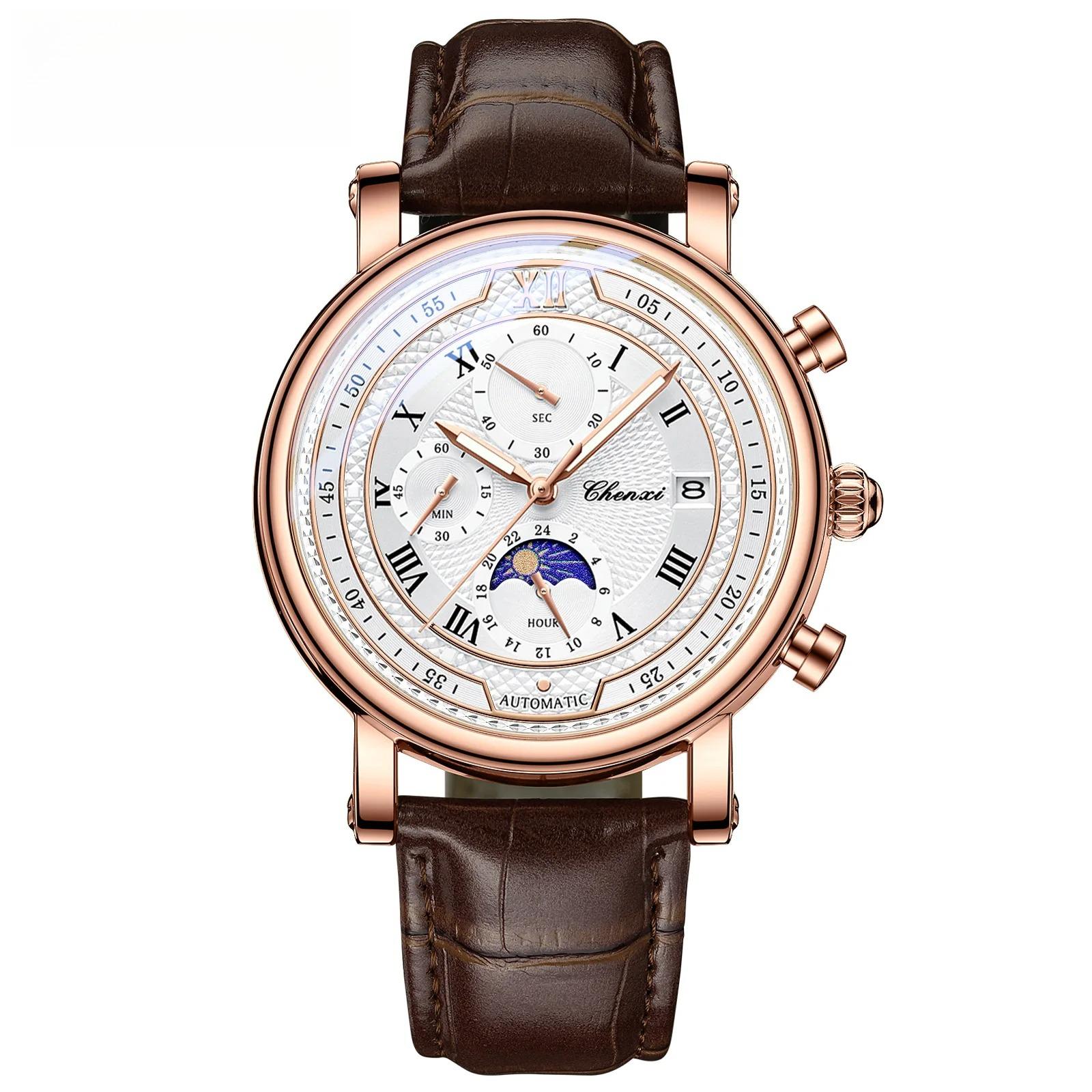

Men s Quartz Wristwatch Calendar Moon Phase Leather Strap Waterproof Business Luminous Chronograph Watches for Men