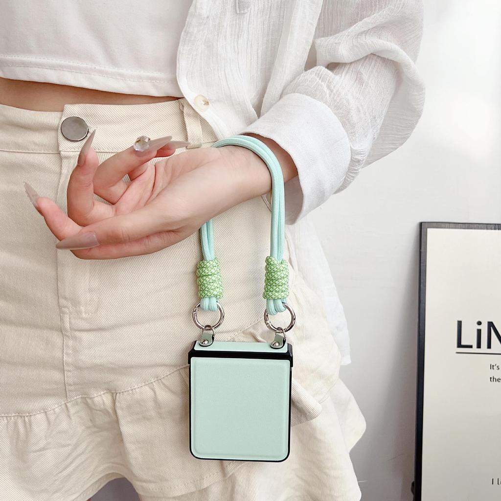 Samsung ZFlip7 Leder Handyhülle mit farbig gewebtem Seil - Passend für ZFlip6/5, Einfarbig, Faltbares Bildschirm-Backcover