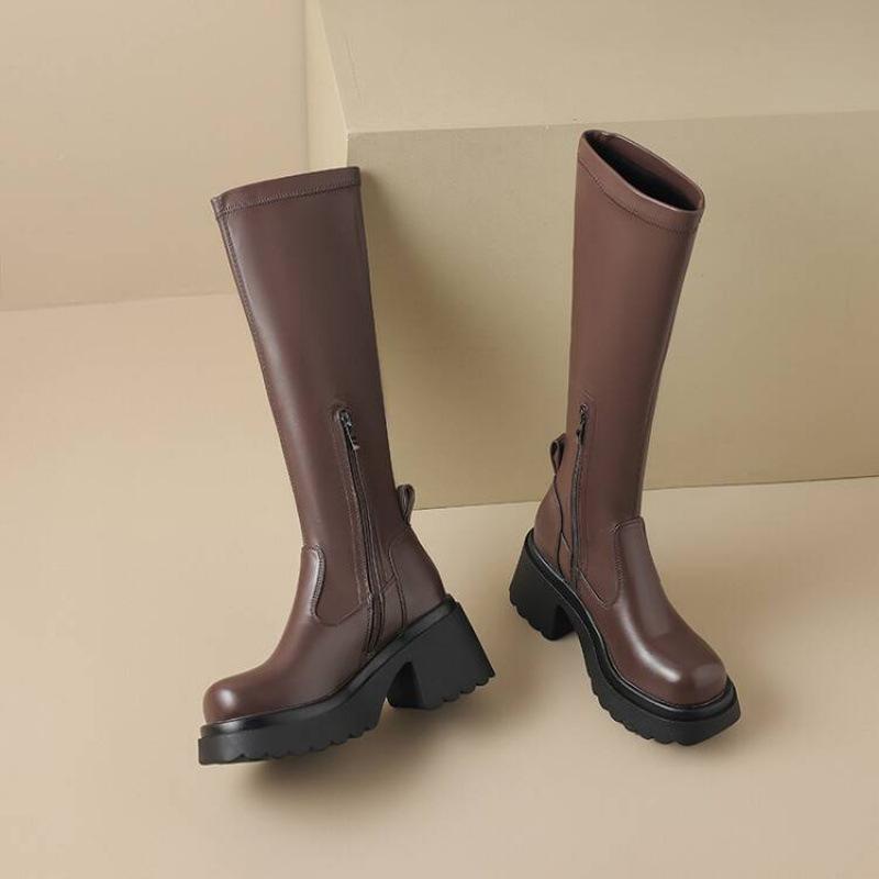 Autumn and winter women's thick-soled Martin boots solid color high-heeled large-size leather boots square-heeled rubber sole non-slip new high boots