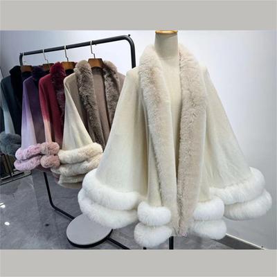 2024 Women Two Circle Faux Fur Cape Poncho Winter Loose Warm Street Wear Hanging Dyeing Gradient Color Cashmere Cloak Overcoat