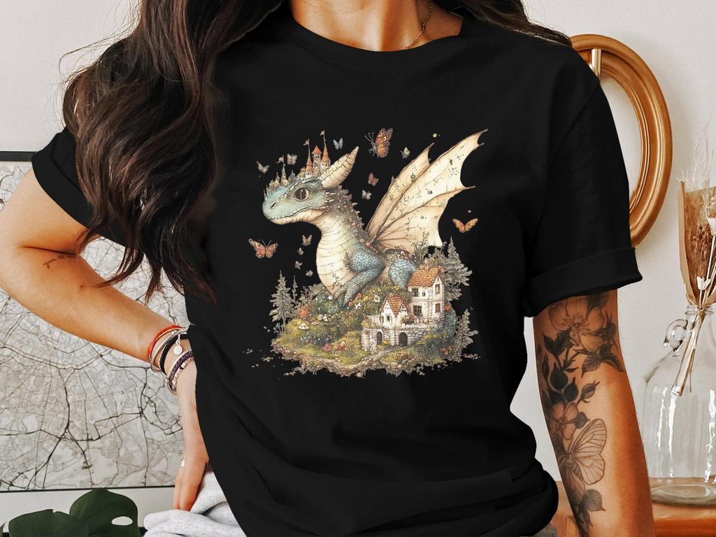 Whimsical Dragon Cottagecore T-Shirt, Fantasy Forest Castle Art Tee, Cute Dragon and Butterflies Design Shirt