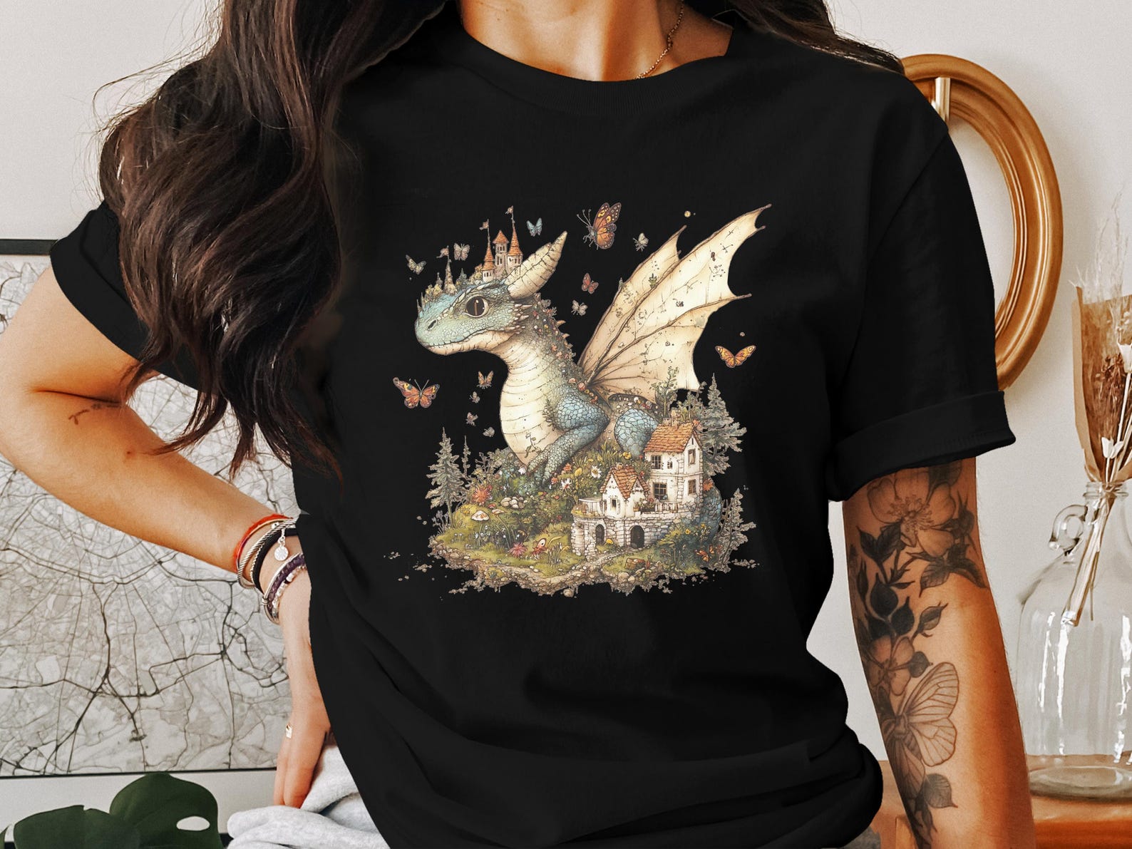 Whimsical Dragon Cottagecore T-Shirt, Fantasy Forest Castle Art Tee, Cute Dragon and Butterflies Design Shirt 4XL
