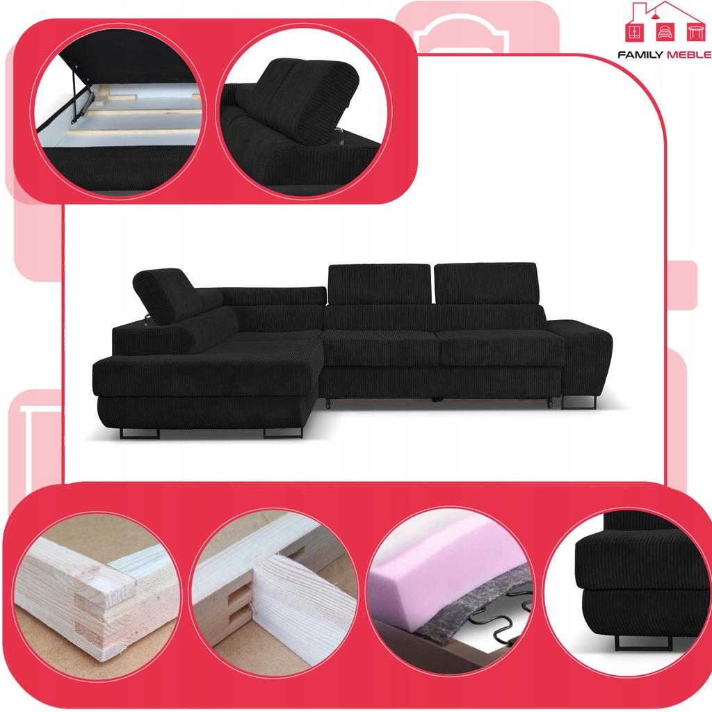 Corner Sofa, Foldable, F, Sleeping, Savio, Left, Family Furniture, Black, Corduroy