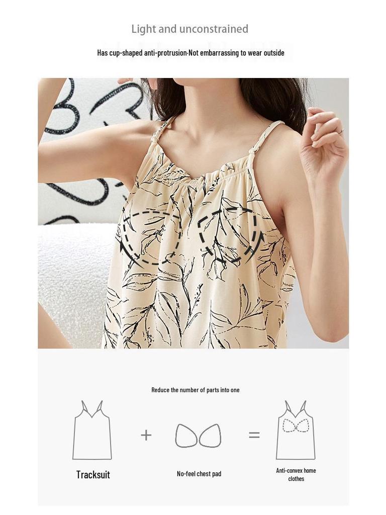 Women's Summer Cotton Camisole Pajama Set with Built-in Bra and Sexy Shorts