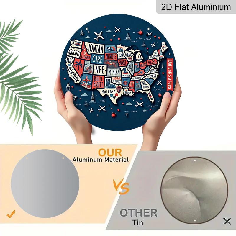 2D Flat, 1pc Round Aluminum Hanging Sign, USA State Map Metal Wall Art, Retro Travel Map Design, Perfect for Patriotic Decor, Man Cave, Garage