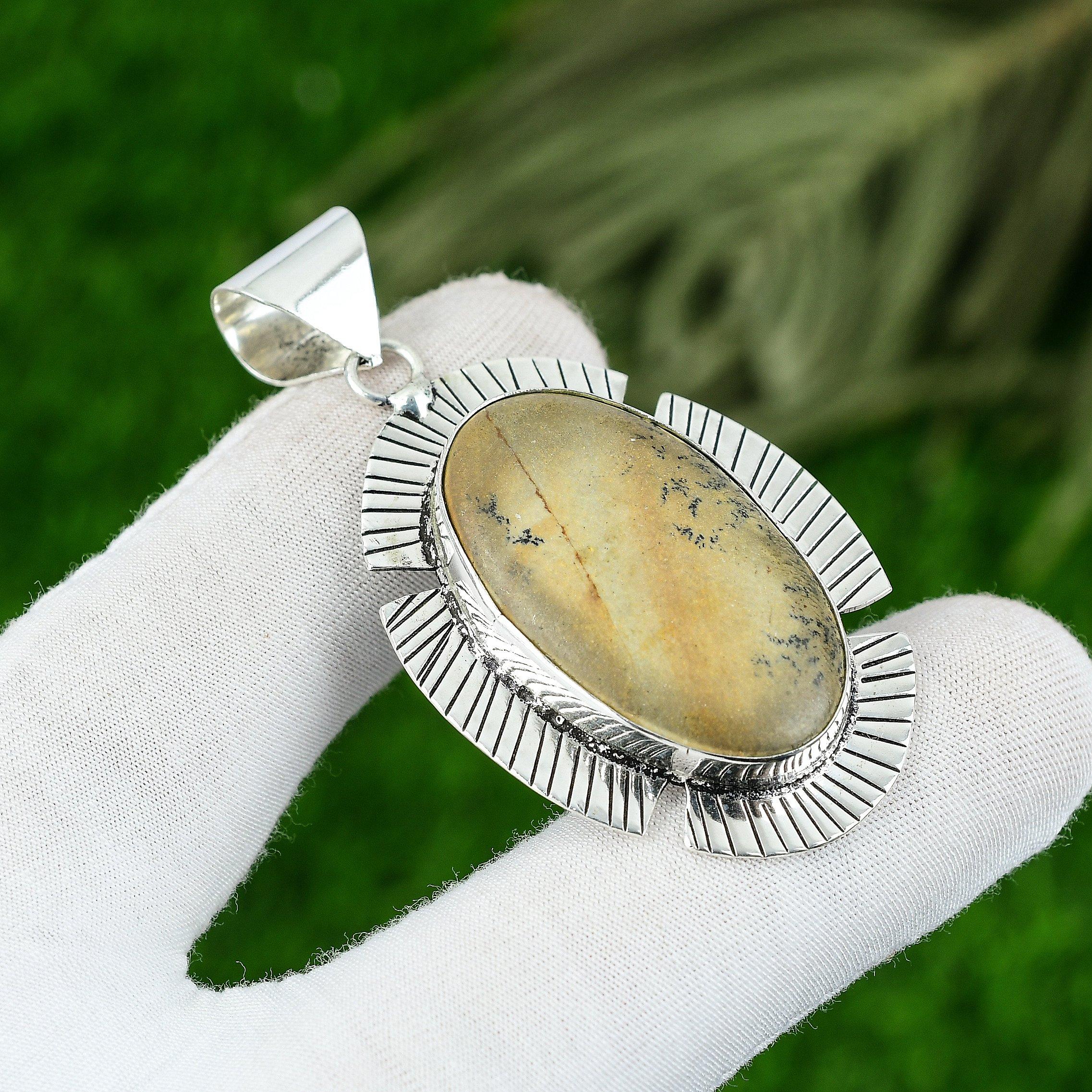 

Oval Picture Jasper Gemstone Wife Anniversary Bezel Pendant 925 Sterling Silver