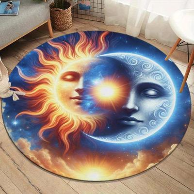 1pc Sun and Moon Face Print Round Rug - Machine Washable, Crystal Velvet Polyester for Living Room, Bedroom