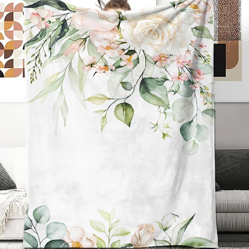 Floral Watercolor Fleece Blanket Rose and Eucalyptus Design Soft Cozy Throw Home Decor for Living Room or Bedroom Gift 70x100
