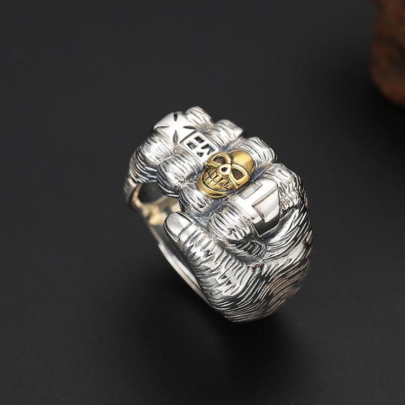 Retro Golden Skull Fist Ring For Men Punk Gothic Rock Hiphop Open Ring Handmade Unisex Zircon Bikers Accessories Lovers Gift