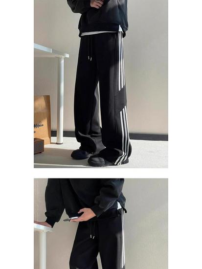 Men's Wide-Leg Striped Casual Pants - New Autumn/Winter 2025 Trend, Plus Velvet, Loose Fit
