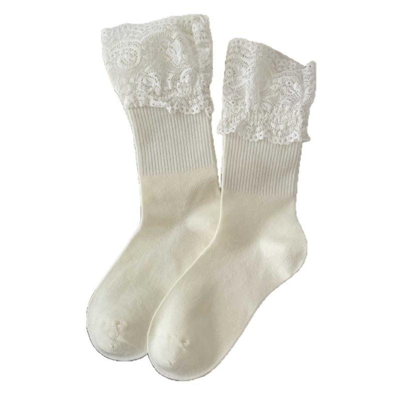 Spring and Autumn Children's Knee-length Lace-trimmed Pile-up Socks, Sweet Long Socks, Simple Style, Pure Cotton Women's Socks, Ballet Style