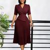 Women's Lapel Collar Three Quarter Sleeve Midi Pleated Dress Fitted High Waist Elegant Solid Office Commute Dress