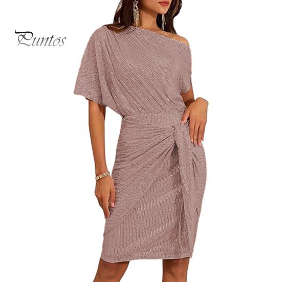 

Вечернее платье с пайетками на одно плечо, косой вырез, длина до колена, облегающее платье со шнуровкой и бантом, асимметричный дизайн, плиссированное платье-футляр, платье знаменитости для выпускного банкета M розовый