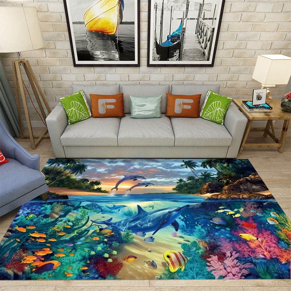Large Sea Turtle Theme Area Rug Colorful Coral Reefs Tropical Fish Living Room Bedroom Marine Decor Carpet Home Decoration Mat