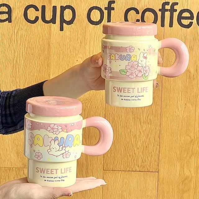 Cute Girl Cherry Blossom Rabbit Cup High-looking Ceramic Mug with Lid Spoon Office Breakfast Coffee Cup