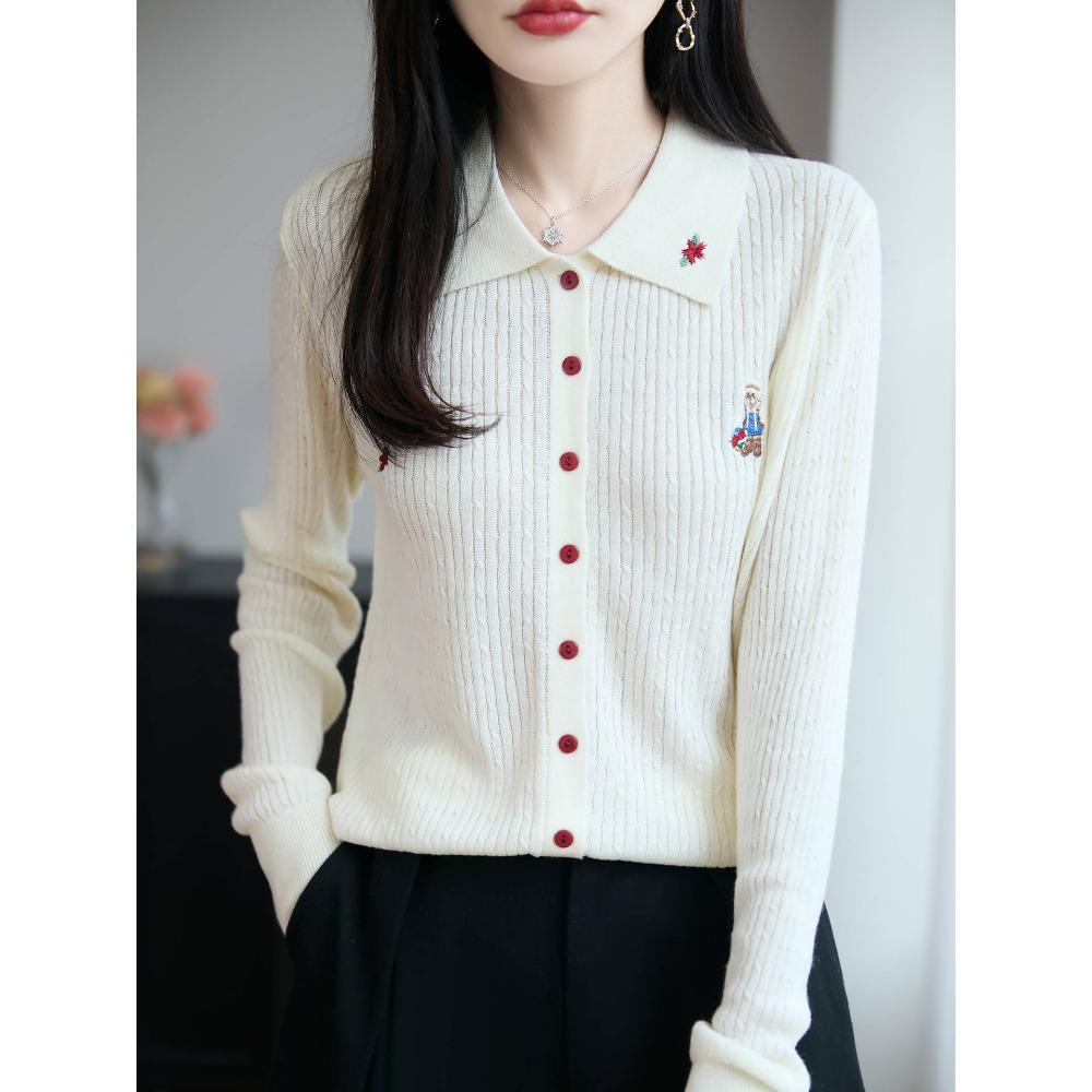 

A Women s Twisted Knitted Shirt Paired with A Soft, Elastic and Warm Sweater Top, POLO Collar Embroidered Knitted Cardigan L бежевый