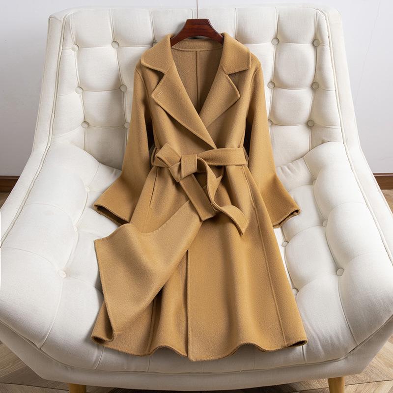 Palton lung de damă slim fit, 100% lână dublu-fațetată, la modă și versatil pentru toamnă și iarnă.