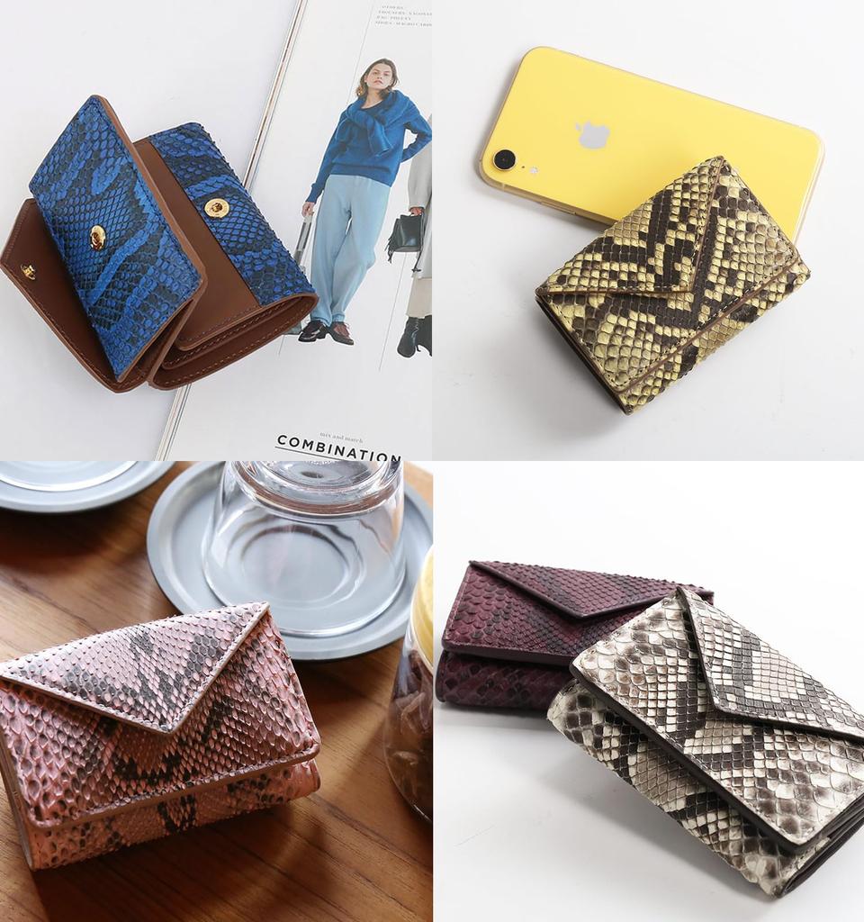 HALEINE Diamond Python Tri-fold Mini Wallet for Women, Palm-Sized with Coin Purse: Natural