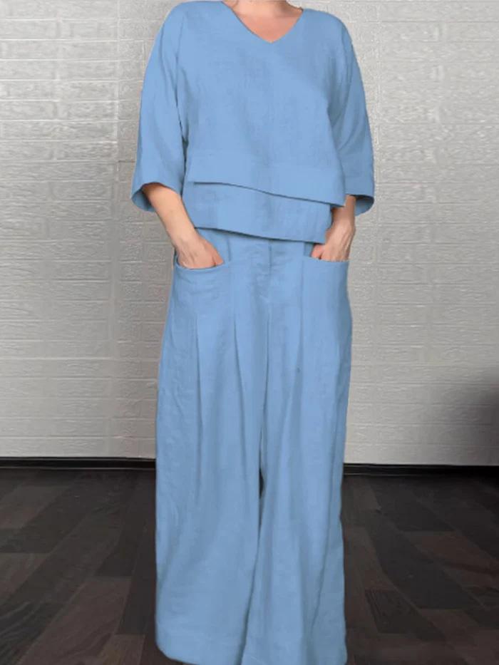 2025 Euro-Amerikanischer Stil Uni Rundhals-Top & Mid-Waist Straight-Leg Hosen Set