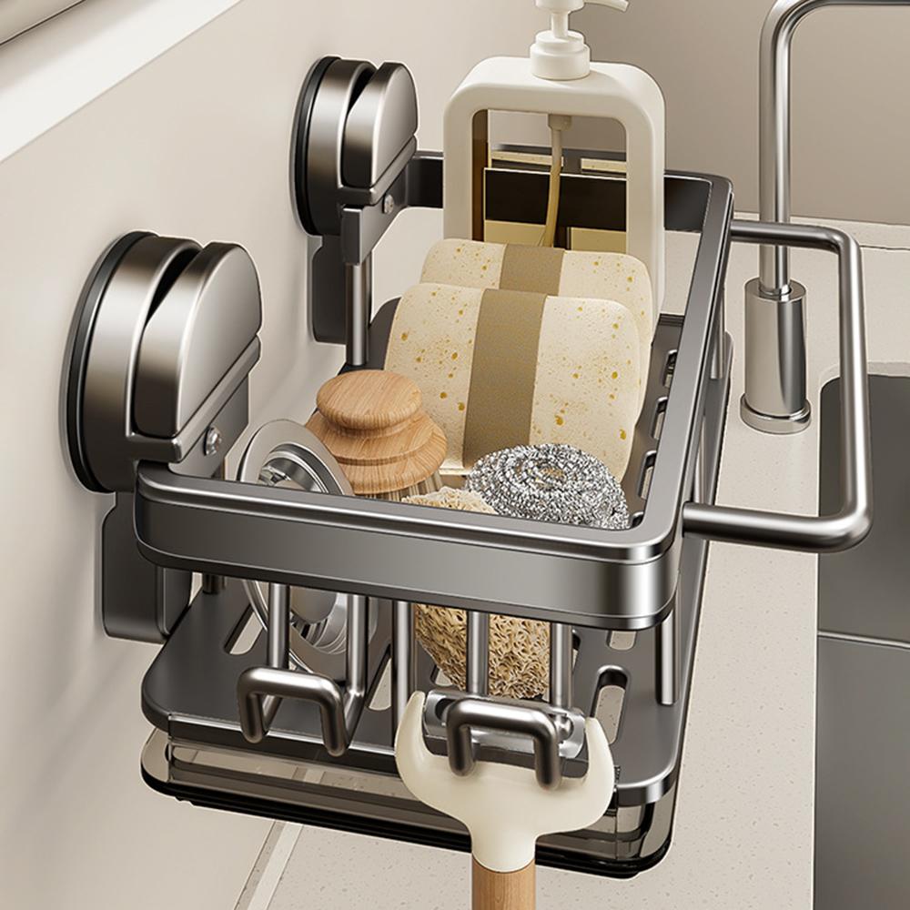 Kitchen Sink Organizer Suction Cup Space Aluminum Dish Sponge Holder Draining Rack with Hanging Rod+2 Hooks