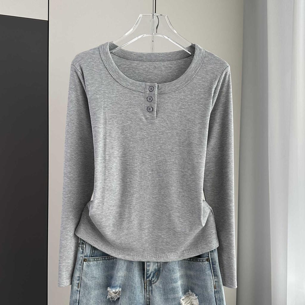 Women Ribbed Round Neck Top Long Sleeve Slim Stretch Inner Outer Basic Daily Wear