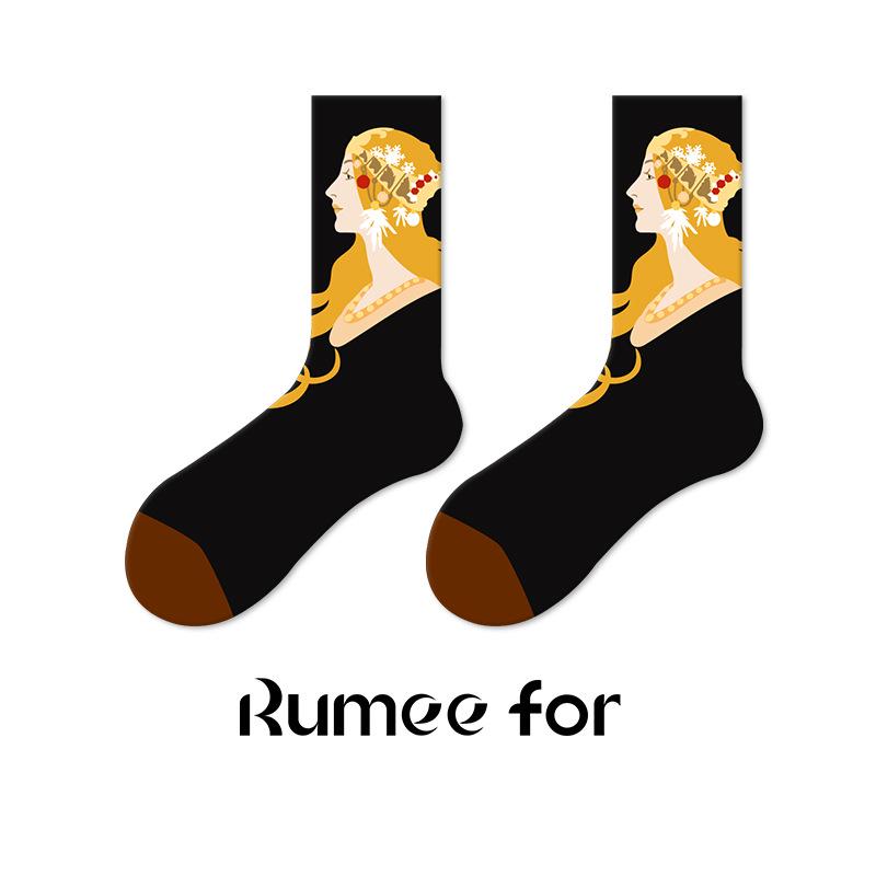 

Женские ретро носки до середины икры с масляной живописью - Осенний тренд 2025, бесшовный дизайн для пар One Size 35-42