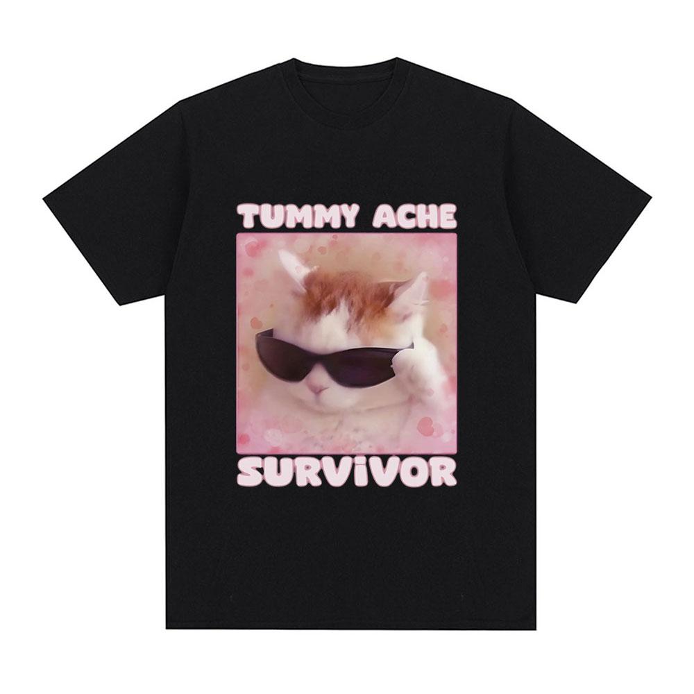 I Survived Today's Tummy Ache T-Shirt Funny Cat Meme Short Sleeve T Shirt Men Women Cotton Casual Oversized T Shirts Streetwear