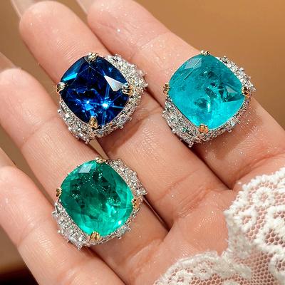 Jewelry Ring Zircon Female Rectangle Simulation Sapphire Paraiba Premium Sense