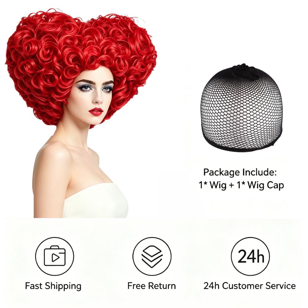 Red Queen Heart Shaped Cosplay Wig 10 Inch Red Fluffy Curly Heat Resistant Synthetic Wig For Women Halloween Costume Party