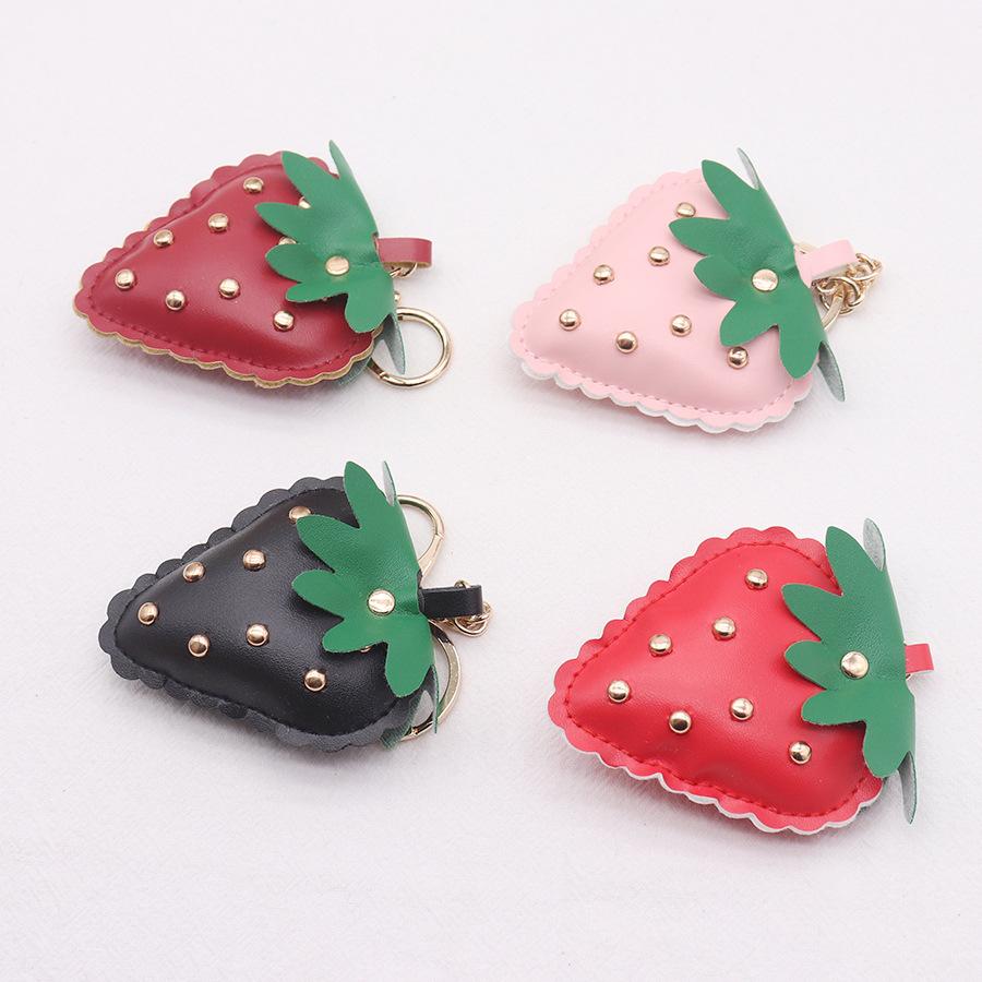 Cute Cartoon Strawberry Leather Keychain for Women Car Bag Pendant Keyring Accessories