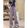 Retro Purple High-Waisted Straight-Leg Cargo Pants - Spring Loose-Fit Sport Wide-Leg Style