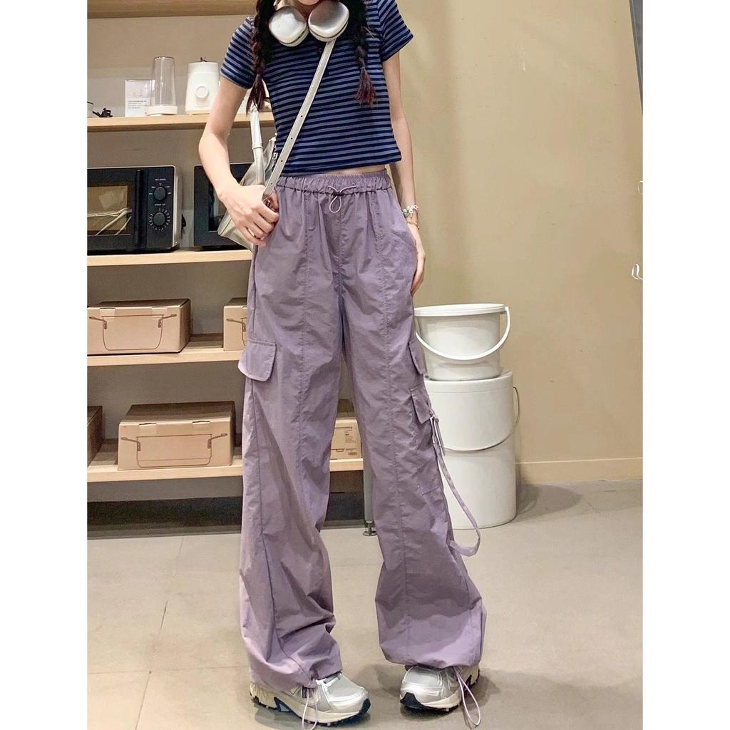 Retro Purple High-Waisted Straight-Leg Cargo Pants - Spring Loose-Fit Sport Wide-Leg Style