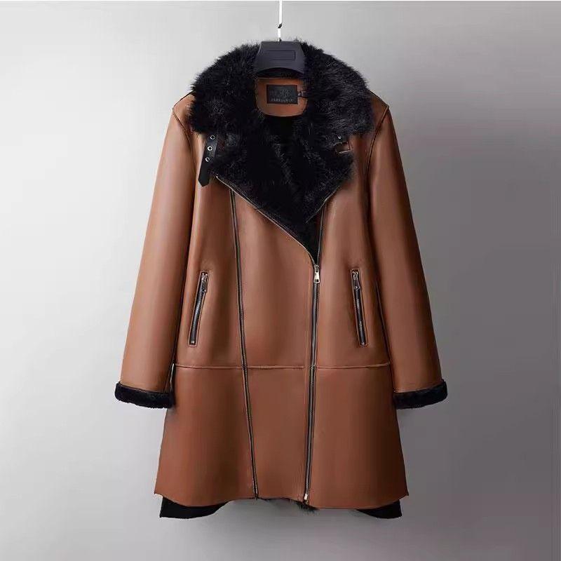 Autumn Winter Women's Leather Coat Thick Warm Mid-length Fleece-lined PU Leather Coat